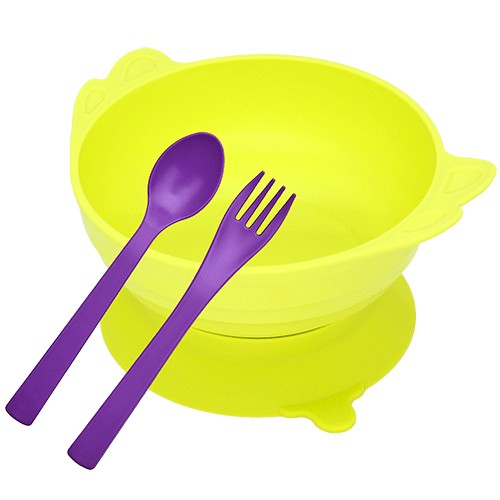 (Uinlui) Suction angel bowl set (Lime green-Kids spoon & fork set)