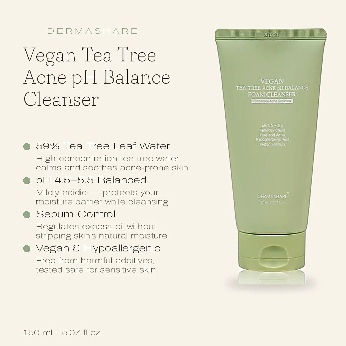 (DERMASHARE) Vegan Tea Tree Acne pH Balance Foam Cleanser 150ml