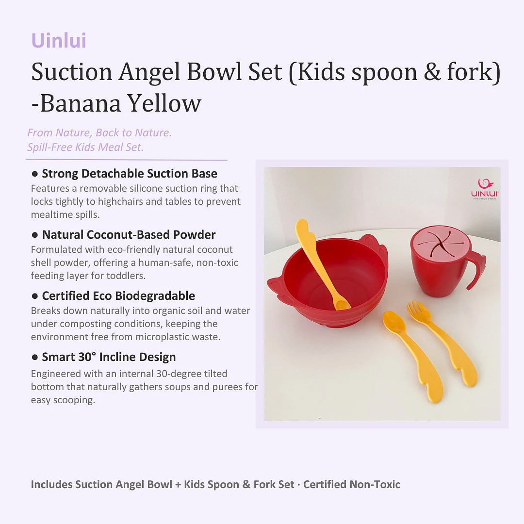 (Uinlui) Suction Angel Bowl Set (Kids spoon & fork set) - Banana Yellow