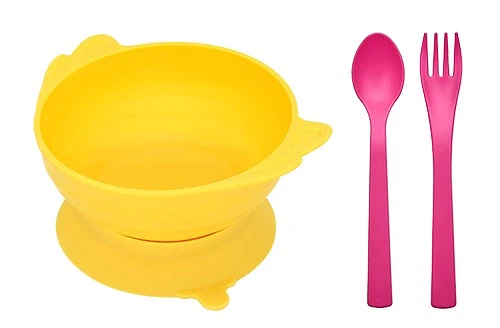 Uinlui Suction angel bowl set (Banana yellow - Kids spoon & fork set)