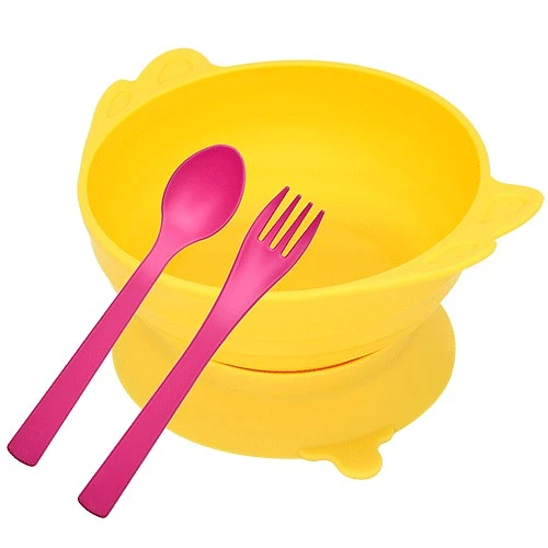 Uinlui Suction angel bowl set (Banana yellow - Kids spoon & fork set)