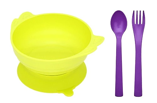 Uinlui Suction angel bowl set (Lime green-Kids spoon & fork set)